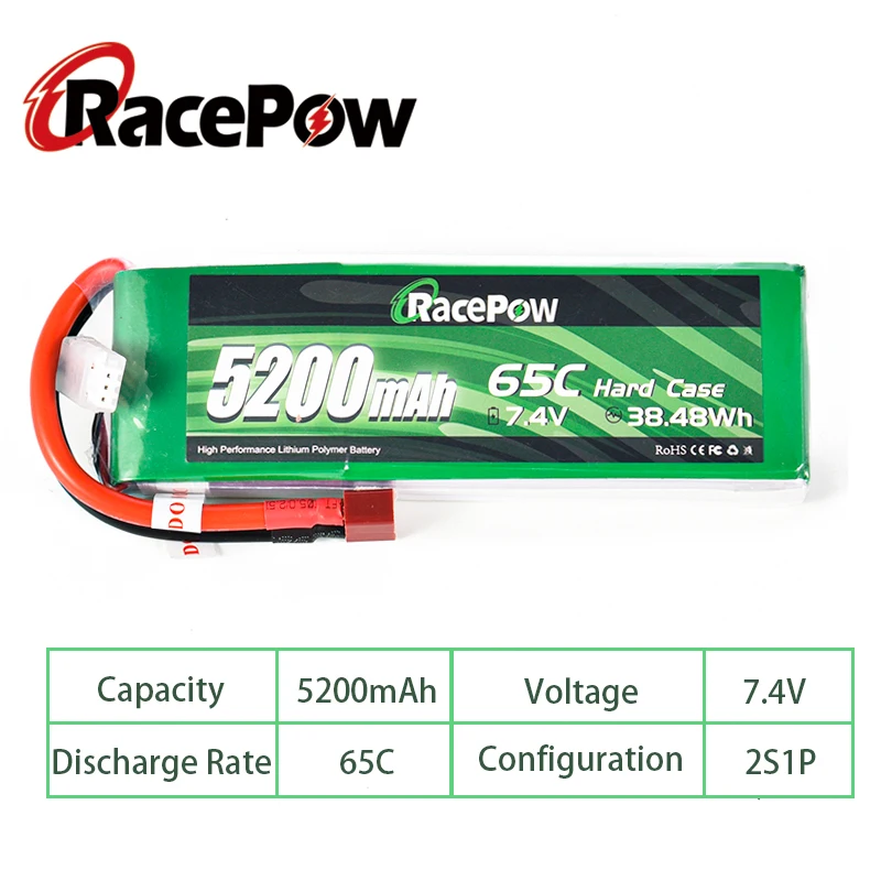 

RacePow 5200mAh 7.4V 2S 65C RC Lipo Battery with T Deans Plug for RC Car Drone Helicopter RC parts Rechargeable battery 2 units