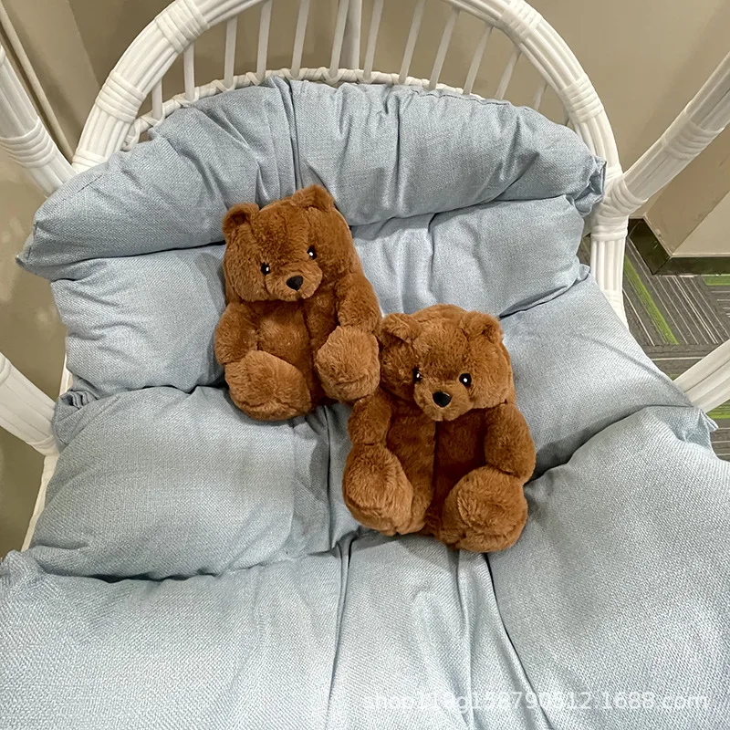 Women Home Indoor Soft  Anti-slip Faux Fur Cute Slippers Winter Warm Shoes Cartoon Plush Teddy Bear Slippers