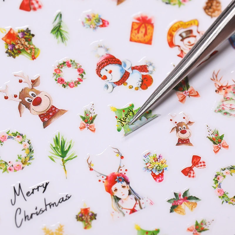 

1 Sheet Winter 3D Nail Stickers Wreath Elk Transfer Decals Paper Stickers Christmas Tree Snowflake Slider Decoaration