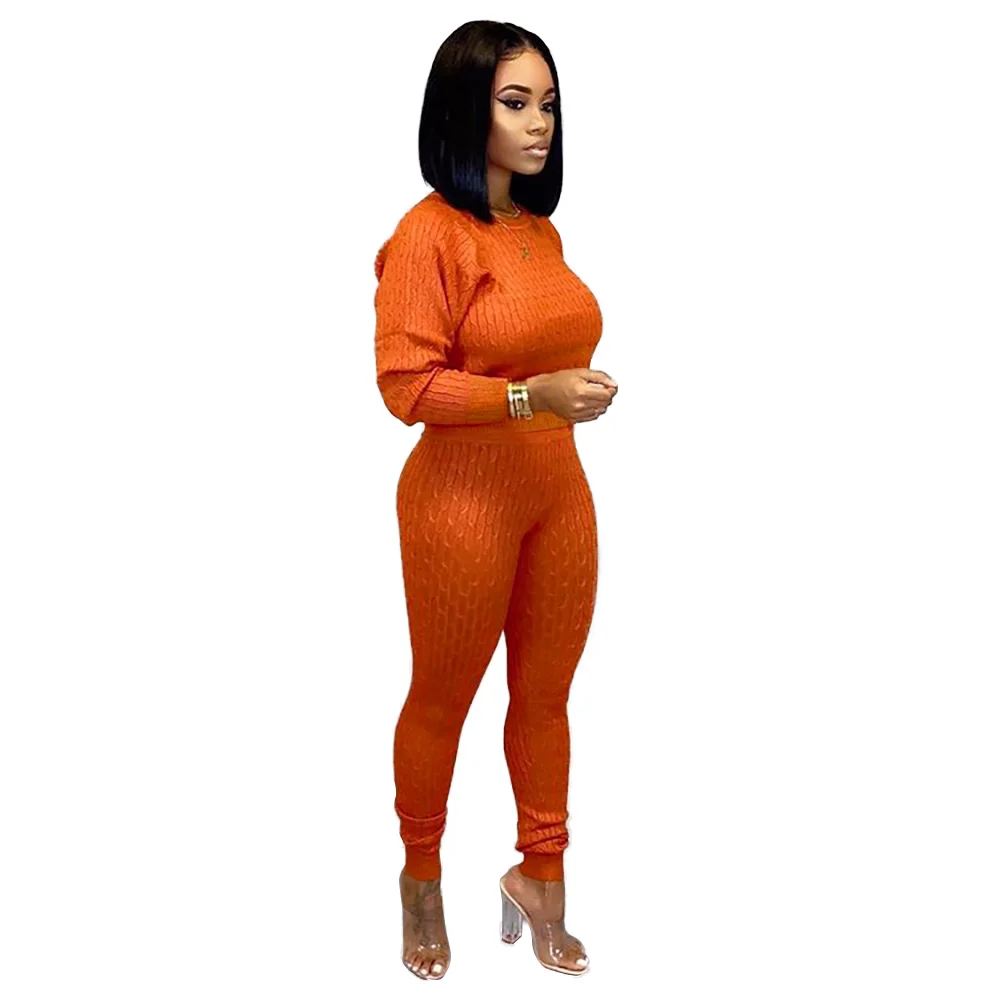orange Wjustforu, модный свитер, комплект из двух предметов, Женский пуловер, топы+ длинные штаны, вязаный женский комплект, сексуальный женский комплект 2 шт. наряд, Vestido - Цвет: orange