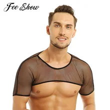 Модные мужские прозрачные сетчатые ажурная рубашка, топы, кепки, рукава, плечо, грудь, жгут, рубашка, Клубная одежда, костюмы, половина майки