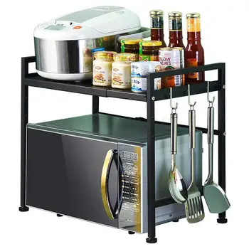 

Microwave oven racks retractable 2 layers double floor multi-layer punch-free kitchen storage rack black