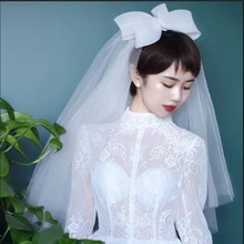Свадебная вуаль с бантом короткая мягкая фатиновая Фата для невесты двухслойная дешевая белая вуаль свадебные аксессуары цвета слоновой кости