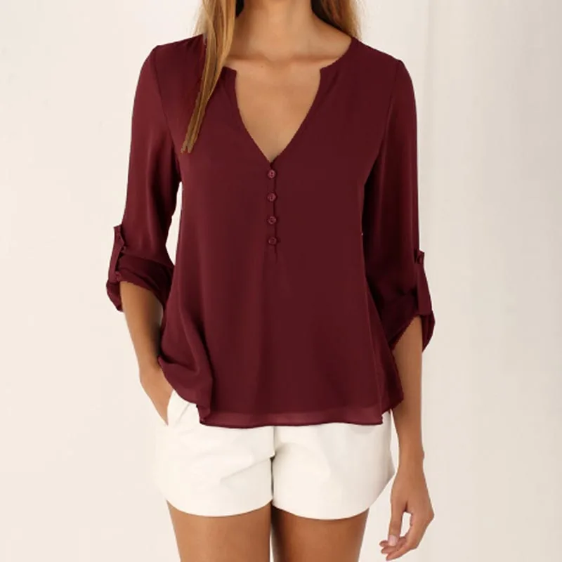

2019 Hot Women Chiffon Shirt Fashion V-neck Blouse 11 Colors for Female Shirts Plus Size S-5XL Loose Tops