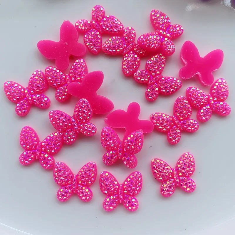 50pcs AB 수지 15*16mm 화려한 나비 플랫 백 라인석 장식품 DIY 웨딩 아플리케 공예-B82
