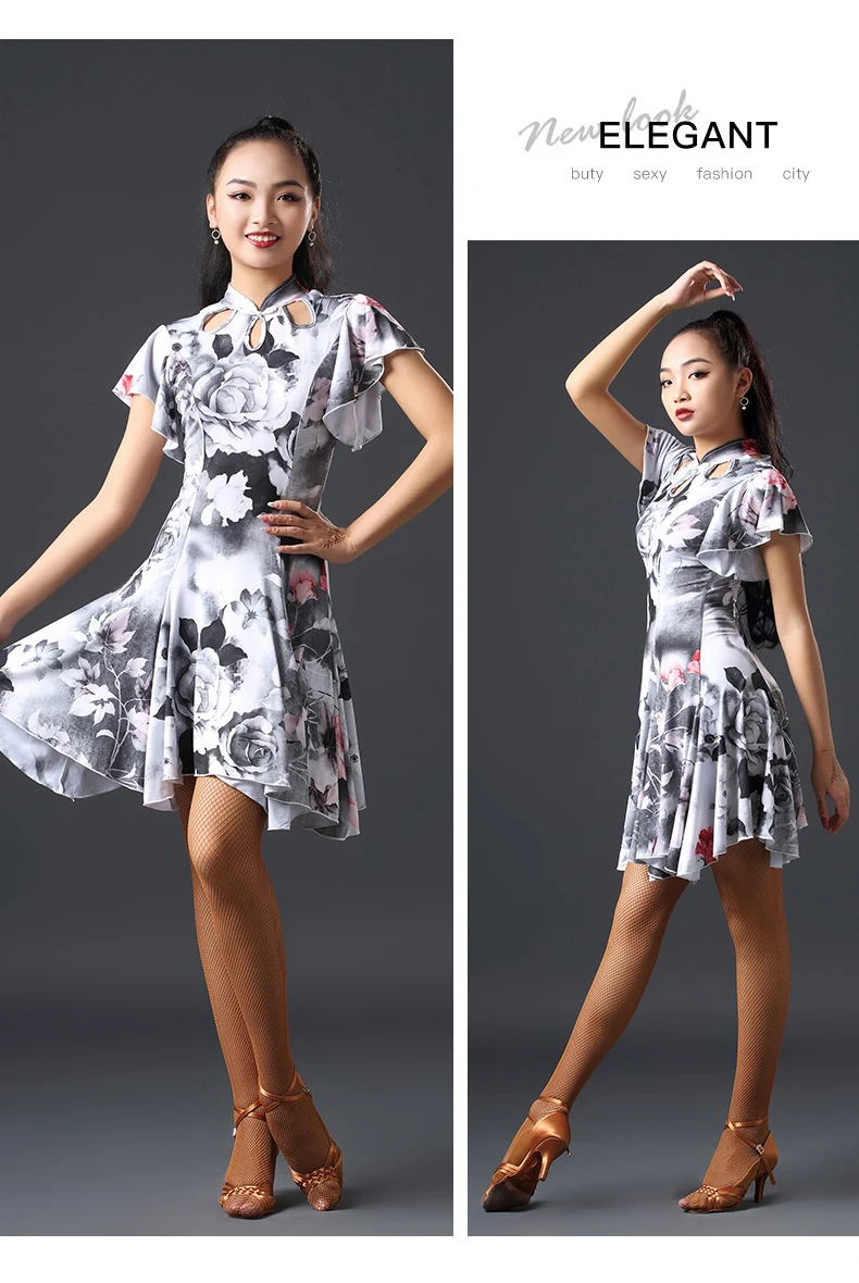 Платье для латинских танцев Daults Cheongsam платье с оборками на рукавах латинская ча Румба Самба Танго танцевальная юбка представление одежда DQS2498