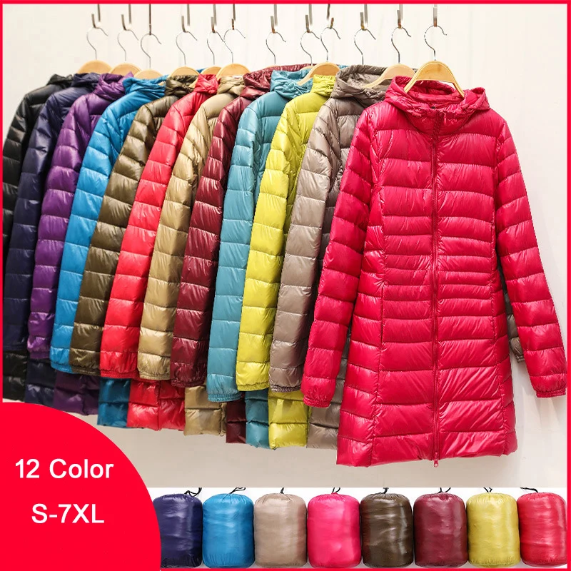 Mujer Chaquetas de pato de invierno de talla grande ultraligero con capucha abrigo mujer portátil Parkas largas acolchado abrigo globo 6XL 7XL