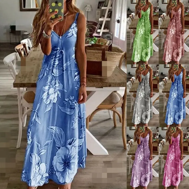 Elegant Women Boho Dress Vintage Floral Sleeveless Holiday Long Maxi Dress 2020 Summer Beachwear Sundress Fashion Clothes