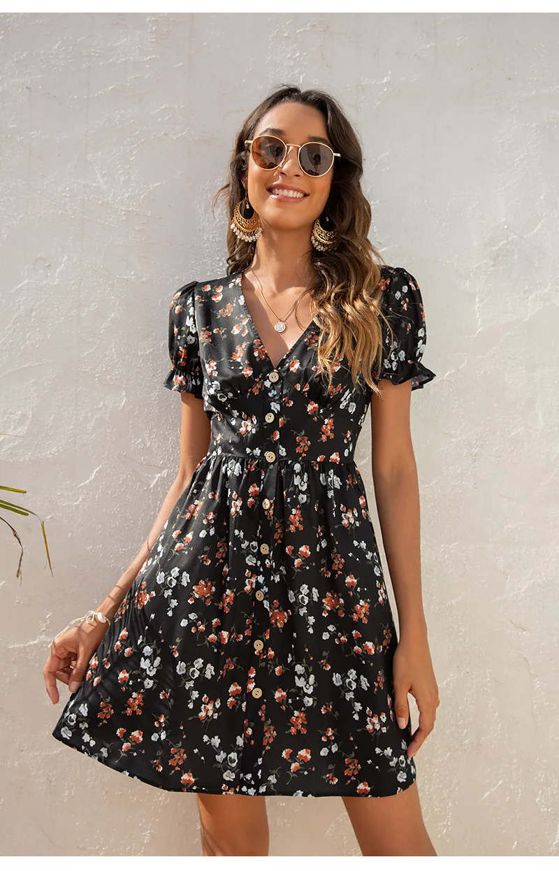 Women Short Sleeve Floral Mini Dress Casual Green Print Puff Sleeve Dresses Summer 2021 Ladies Sexy V Neck Button Beach Dress