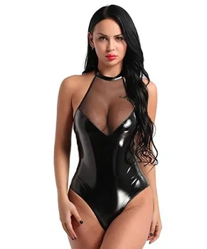 

Female Transparent Black Sexy Costumes Exotic Lingerie PU Uniform Conjoined Women Underwear Shiny