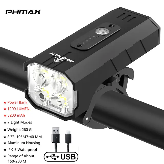 PHMAX Bicycle Flashlight 1500mAh 500 Lumens LED MTB Bike Front Light USB Rechargeable Rainproof Bike Lamp Set Bicycle Headlight QD-3201