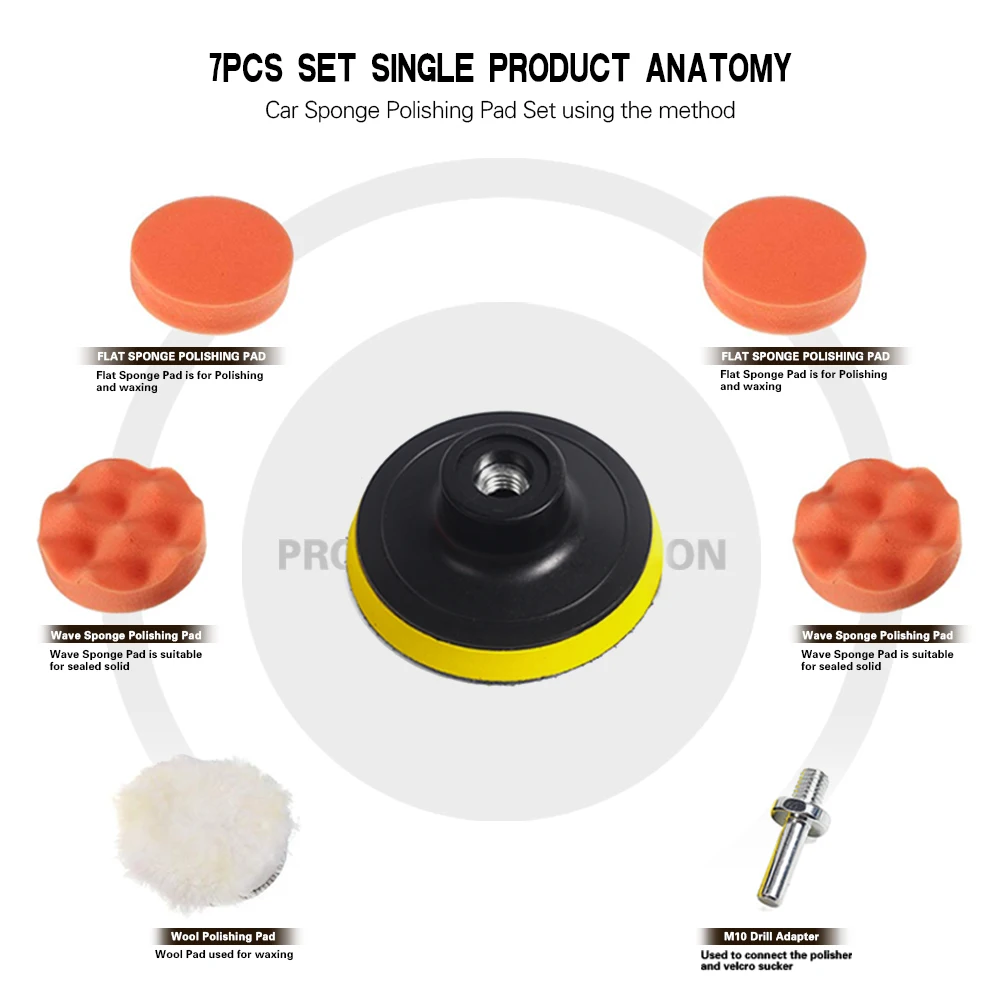7pcs 3" Car Sponge Polishing Pad Set Polishing Buffer Waxing Adapter