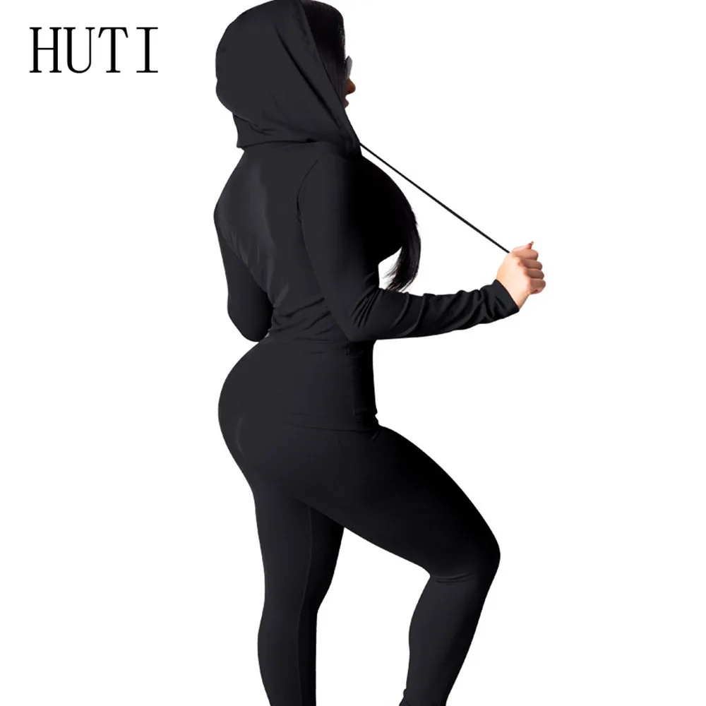 HUTI, комплект из двух предметов, спортивный костюм, Осень-зима, длинный рукав, с капюшоном, на молнии, толстовка, костюм со спортивными брюками, набор, женская праздничная одежда