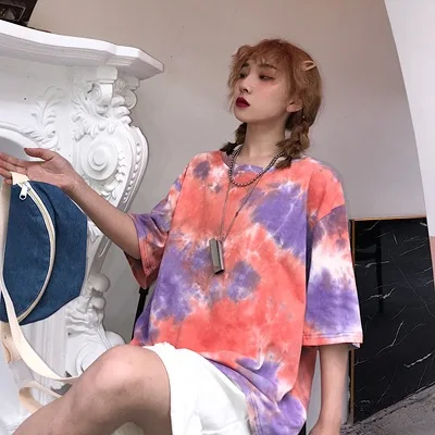 Tie Dye граффити контрастный принт уличная свободная футболка женская мужская футболка Harajuku футболка Корейская футболка скейтборд негабаритная