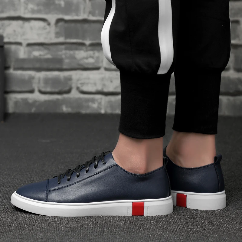 Band Sneakers Men Casual Shoes Genuine Leather shoes mens Designer solid Classic Fashion Male Lace up Flats black 36-47