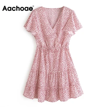 

Summer Women Floral Printed Chic Mini Dress V Neck Short Sleeve Boho Beach Dress A Line Elastic Waist Casual Sundress Vestidos
