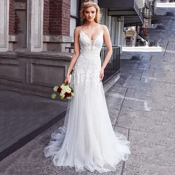 

Eightree A-line Wedding Dress Tulle Illusion V Neck Bride Dress Spaghetti Straps Wedding Gowns Sleeveless vestido de noiva