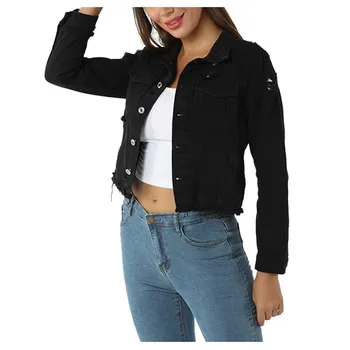 

2019 Sexy Black Denim Jackets Women Hole Boyfriend Style Long Sleeve Vintage Jean Jacket Denim Loose Autumn Denim Coat Jean#3
