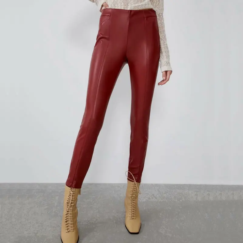 Новинка, осенние женские брюки из искусственной кожи с высокой талией, женские облегающие брюки из флиса и искусственной кожи цвета красного вина, тянущиеся брюки-карандаш