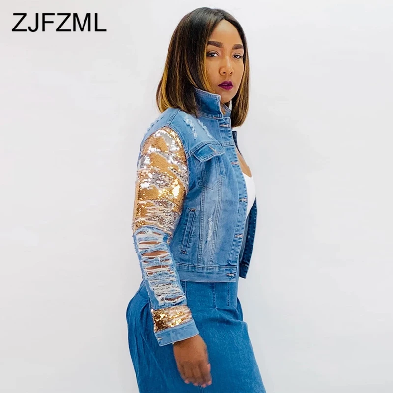 discount  Gold Sequined Casual Denim Jacket 2019 Women Turn Down Collar Long Sleeve Washes Coat Autumn Winter