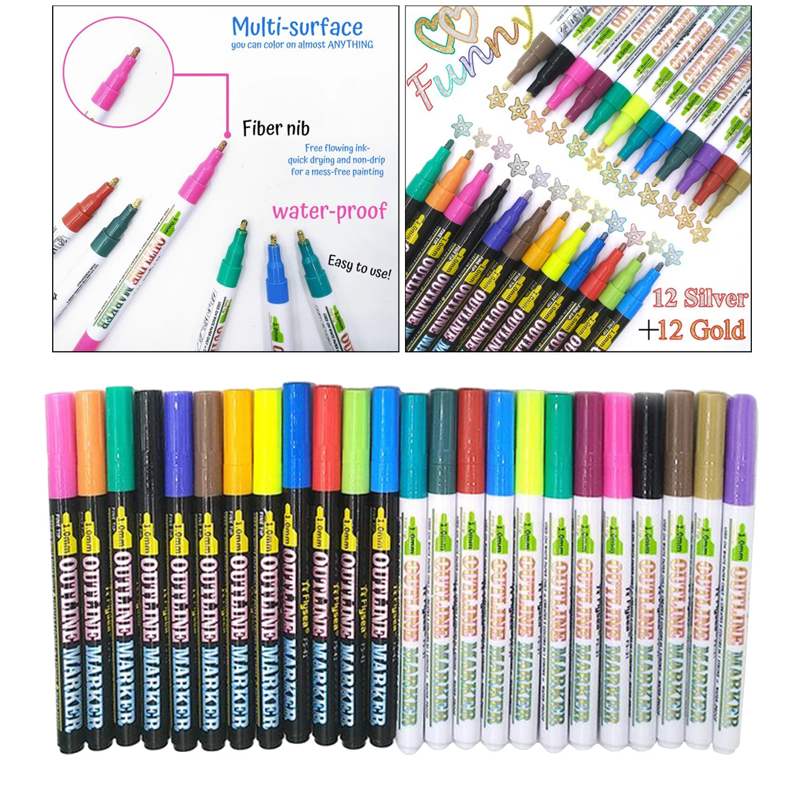 24 Colors Double Line Outline Pen Set Highlighter Marker Doodle Dazzles Pens
