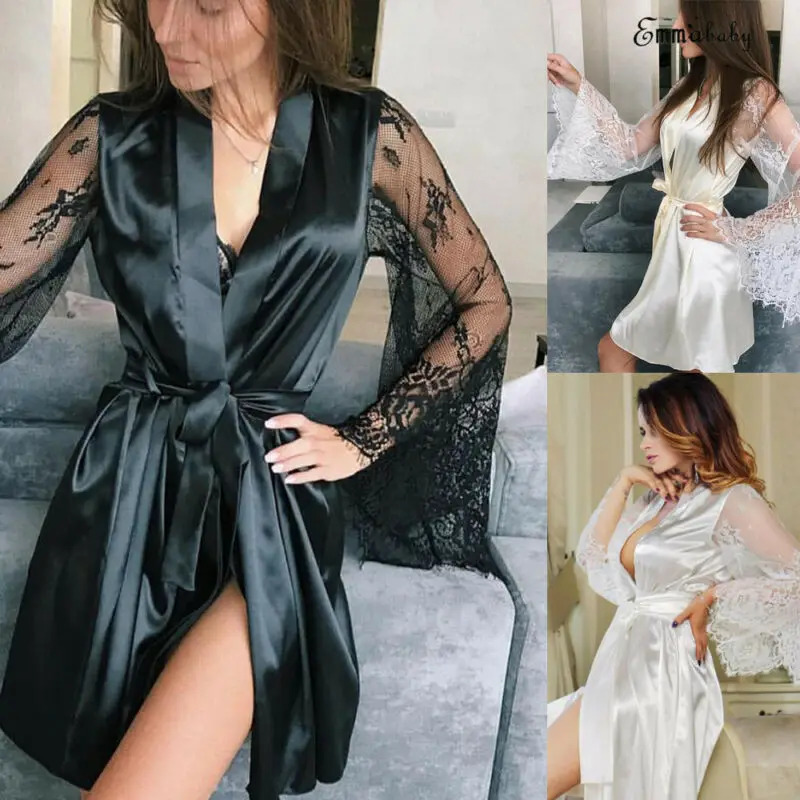 Women's Perspective Pajamas Sexy V-Neck Lace Mesh Nightdress Sleepwear Ladies Silk Robe Nightwear Nightgown |