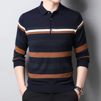 

2020 Men's Autumn Fashion Long-Sleeved Outer Sweater Youth Casual Lapel Mixed Color Stripe Wool Knit Low Waist Jersey