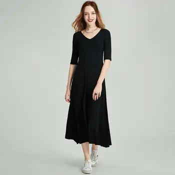 

HAVVA Spring and Autumn Women’s Black Slim V-neck Half-Sleeve High Waist Solid Color Long Dress Q5077