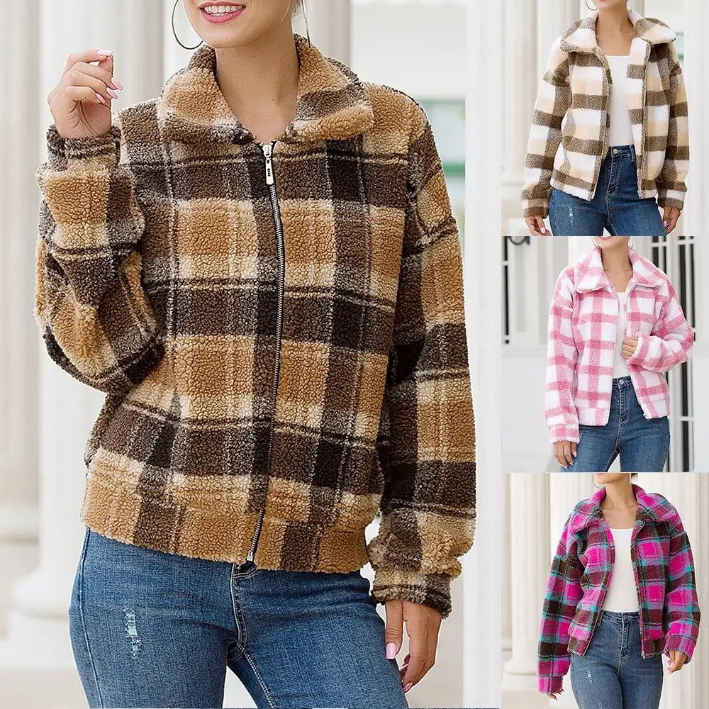 

2019 Autumn And Winter Women's New Plaid Wool Short Coat Zipper Women Fashion Jacket Casual Plaid Short Woolen Overcoat