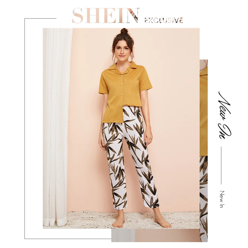 SHEIN многоцветная кнопка вверх рубашка и бамбуковые листья брюки PJ набор лето осень пижамы женские пижамы повседневная женская пижама наборы