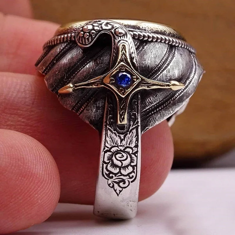 2020 Retro Zinc Alloy Crystal Inlaid Ring for Men Muslim Religious Rune Flower Ring Accessories