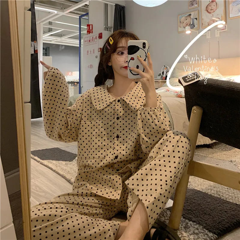 

Best Friend NS Super Fire French Polka Dot Pajamas WOMEN'S Suit Autumn Fold-down Collar Long Sleeve Trousers Home Wear Two-Piece