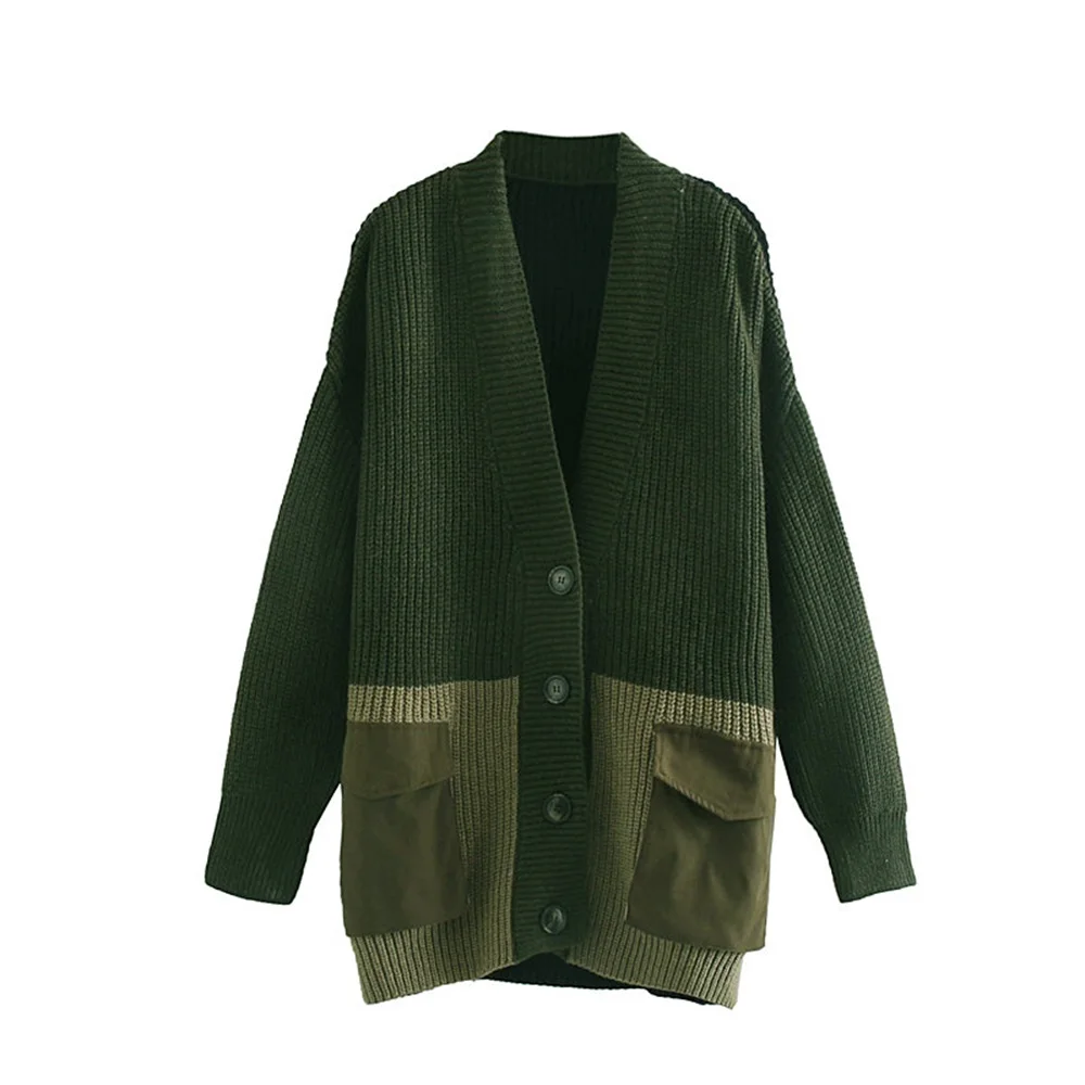 ^Cheap Autumn 2019 women's new loose V-neck thick sweater cardigan Vintage splicing pocket decoration thick sweater 06873137505
