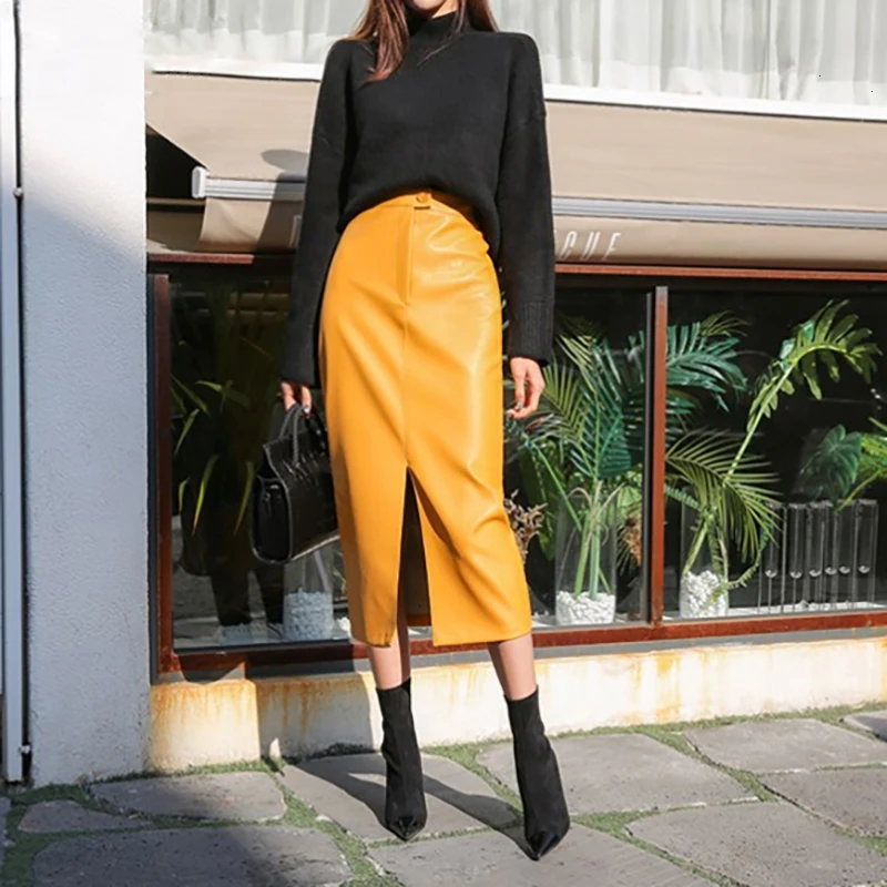 

2020 Fast Delivery New Fashion Korean Female PU Leather High Quality Mid-calf Length Spit Sexy High Waist Skirt AY095