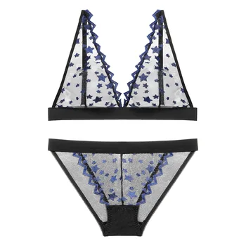 

Women's Underwear Bra Set Wire Free No Rims European American Exquisite Embroidered Thin Transparent Lace Lingerie Pants Set