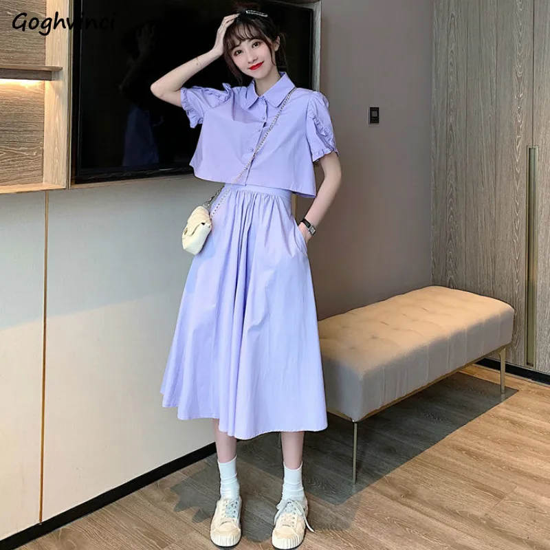 Women Sets Vintage Lovely Purple Chic Korean Femme Outfits Solid Basic Short Sleeve Crop Top Elastic Waist A-line Girls Skirts |