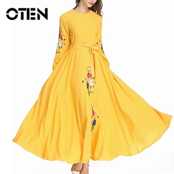 

OTEN 2020 Muslim Women Dress With Zipper Belt Embroidery Abaya Casual Malaysia Kimono Dubai Islamic Clothing Pray Robe Femme New