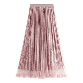 

Autumn Winter Beaded Long Velvet Skirts Elastic Waist Sweet Pearls Beading Pleuche A-line Pleated Maxi Long Skirts