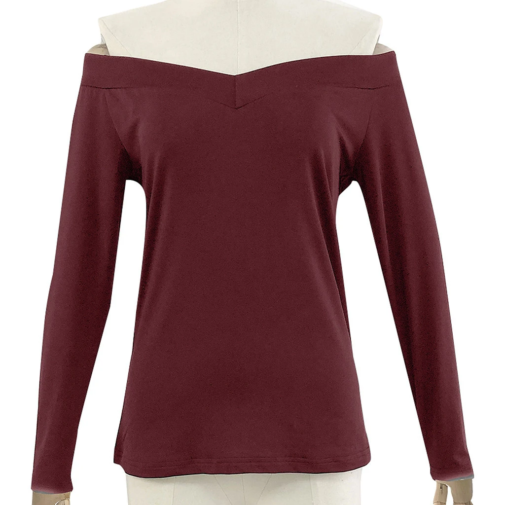 New Women Summer Blouse Women Sexy Solid Long Sleeve Blouse Deep V-Neck Off Shoulder Tops Blouse Spring Girls Ladies 805
