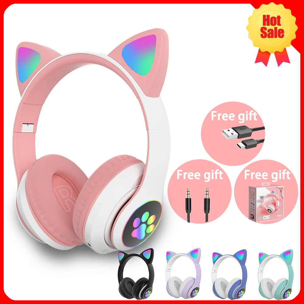 Auriculares inalámbricos con orejas de gato, cascos con Bluetooth, gran Auriculares inalámbricos con bluetooth, Decoración LED, casco de chica, auriculares para teléfono, regalo