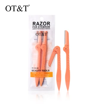 

OT&T 2pcs Orange Portable Eyebrow Razor Shavor Professional Eyebrow Tools Trimmer Facial Hair Remover Woman Depilator
