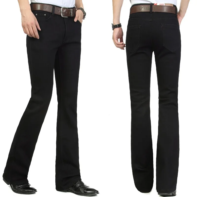 High Quality Men Winter Worm Fleece Color Black Boot Cut Jeans Business Casual Flare Pants Mid Waist Trousers 3