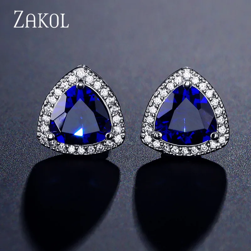 Blue Высококачественные треугольные циркониевые серьги-гвоздики ZAKOL для женщин, модные вечерние ювелирные аксессуары, подарки для девушки FSEP2239 - Окраска металла: Blue