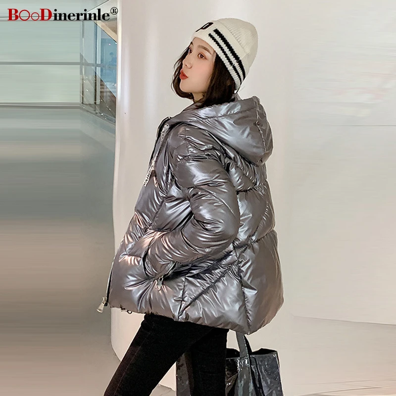 BOoDnarine/зимние женские пальто, черная яркая Глянцевая куртка-пуховик с капюшоном, утепленная пуховая хлопковая парка, короткая куртка для женщин