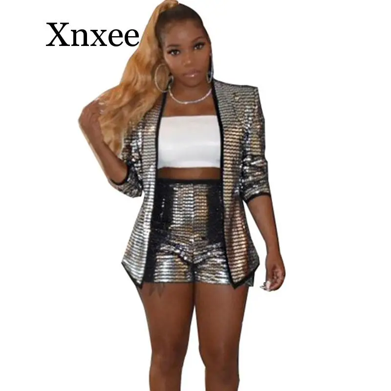 

Sliver Sparkly Celebrity 2 Piece Set Women Sequin Cardigan Jacket and Shorts Suit Autumn Winter Matching Sets Conjunto Feminino