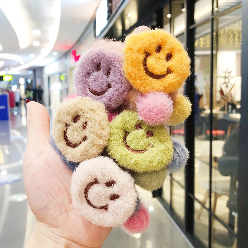 

2020 New Winter Children Cute Candy Nylon Smiley Face Elastic Hair Bands Girls Soft Fuax Fur Rubber Bands Kids Hair Accessories