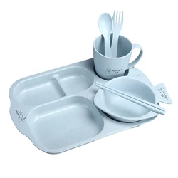 Children's Cartoon Tableware Set - 6-Piece Non-Slip Dinnerware with Plates, Bowl, Spoon, and Fork (Blue)