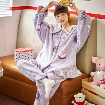 

Winter Thickened Pijamas Coral Fleece 2PCS Sleep Suit Sweet Pajamas Women Flannel Nightwear Winter Lovely Sleepwear Home Wear