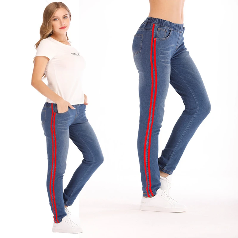 

Streetwear Skinny Jeans Women Plus Size Jeans Popular Women's Jeans Tight Feet Sports Stripes Jeans Pantalones Vaqueros Mujer