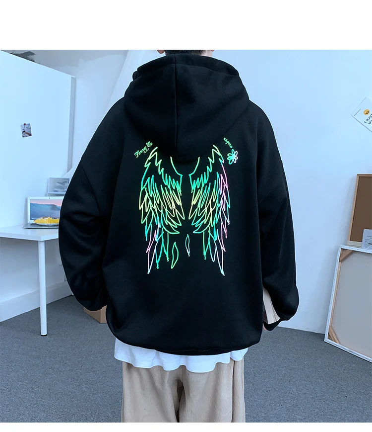 

Loose Men Hoodie 2020 Colorful Reflective Hot Stamping Print Male Hooded Pullover Fashion Casual Sweatshirts Couple Clothing